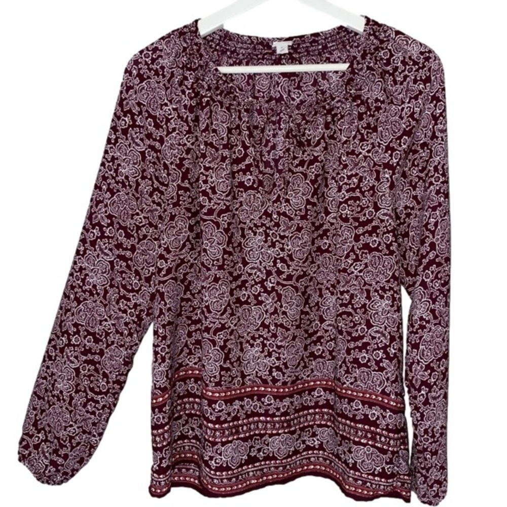 GAP Peasant Top Long Sleeve Tassel Tie Neck Burgundy White Floral Women Size M